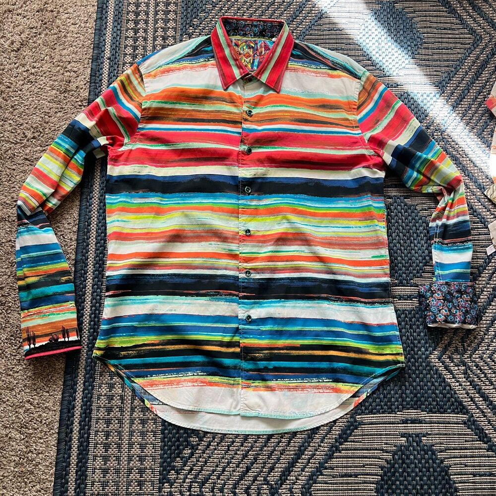 Robert Graham multicolored-striped embroidered button up M maximalist